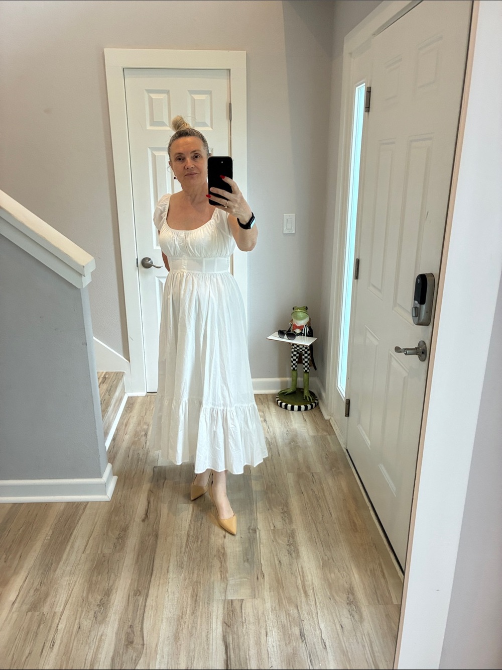 Moon River White Puff-Sleeve Midi Dress